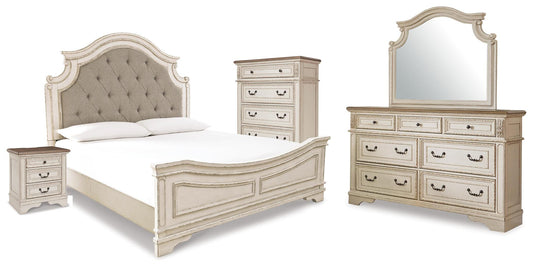 Realyn King Upholstered Panel Bed with Mirrored Dresser, Chest and Nightstand