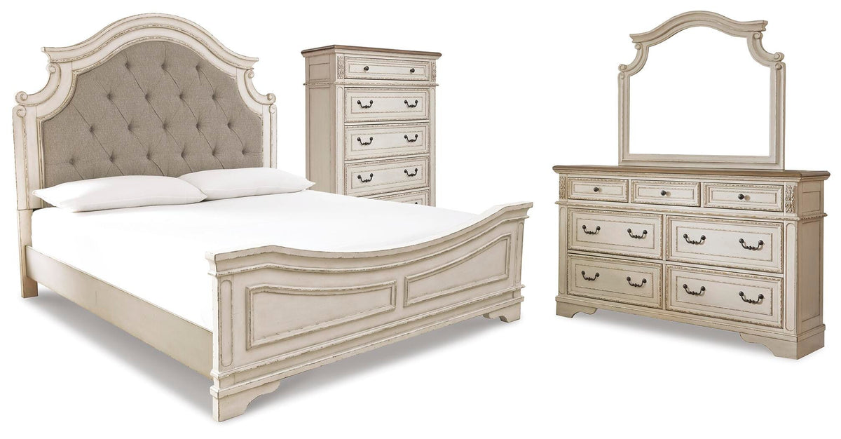 Realyn Queen Upholstered Panel Bed with Mirrored Dresser and Chest