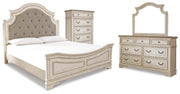 Realyn Queen Upholstered Panel Bed with Mirrored Dresser and Chest