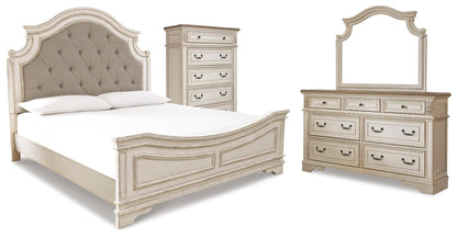 Realyn Queen Upholstered Panel Bed with Mirrored Dresser and Chest