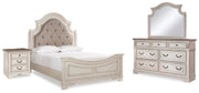 Realyn Queen Upholstered Panel Bed, Dresser, Mirror and Nightstand
