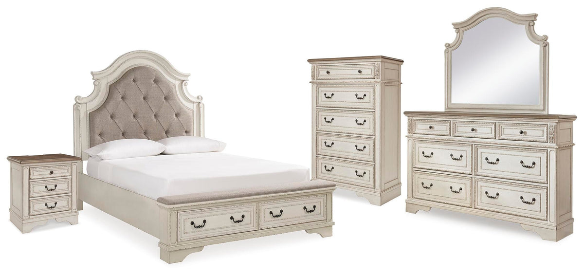Realyn Queen Upholstered Storage Bed, Dresser, Mirror, Chest and Nightstand