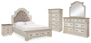 Realyn Queen Upholstered Storage Bed, Dresser, Mirror, Chest and Nightstand