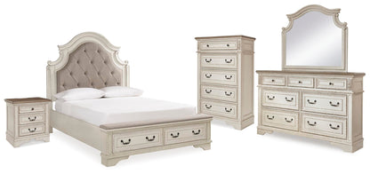 Realyn Queen Upholstered Storage Bed, Dresser, Mirror, Chest and Nightstand