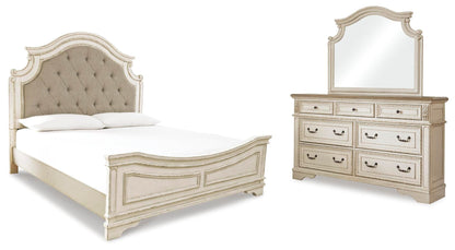 Realyn King Upholstered Panel Bed with Mirrored Dresser