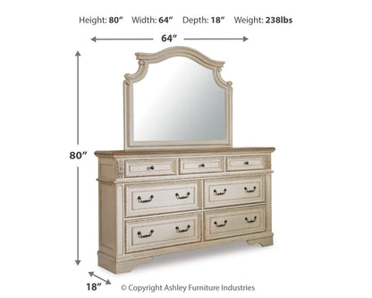 Realyn King Upholstered Panel Bed with Mirrored Dresser