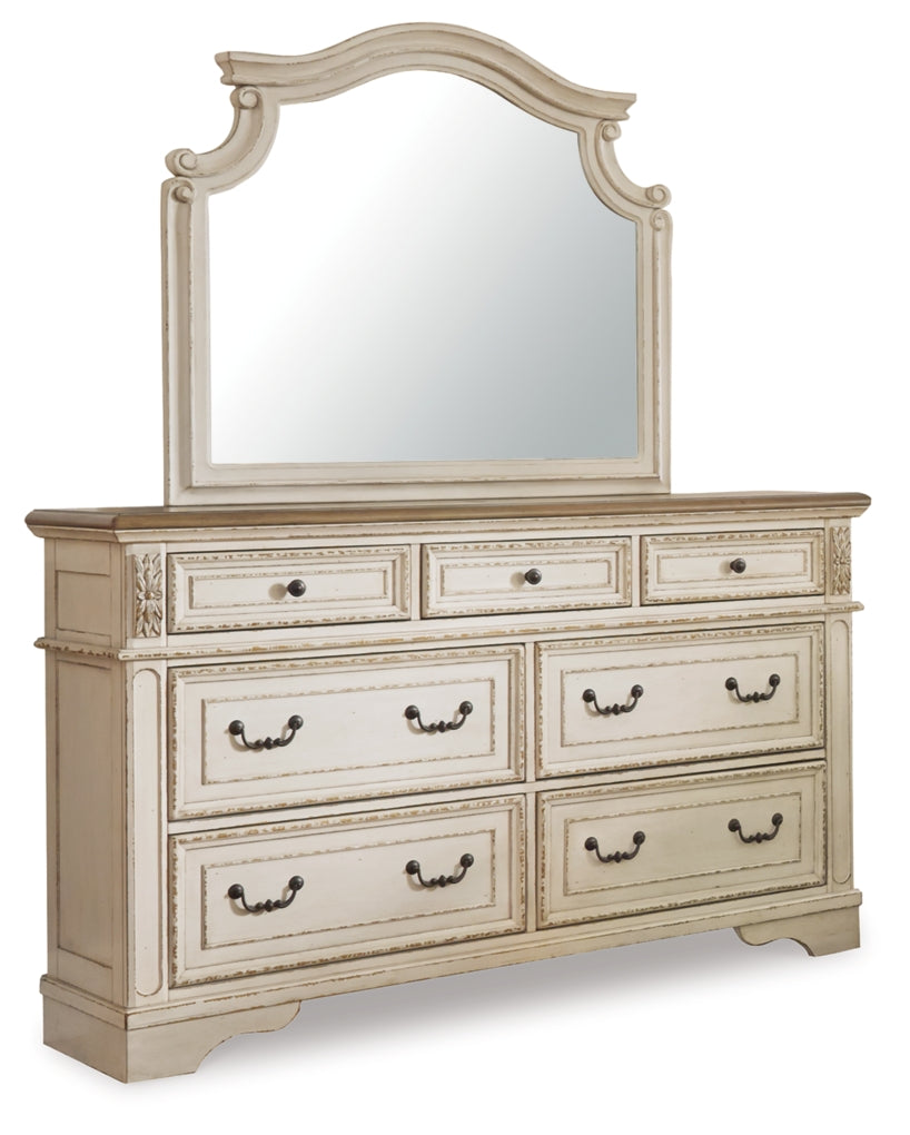 Realyn Queen Upholstered Panel Bed with Mirrored Dresser and Chest