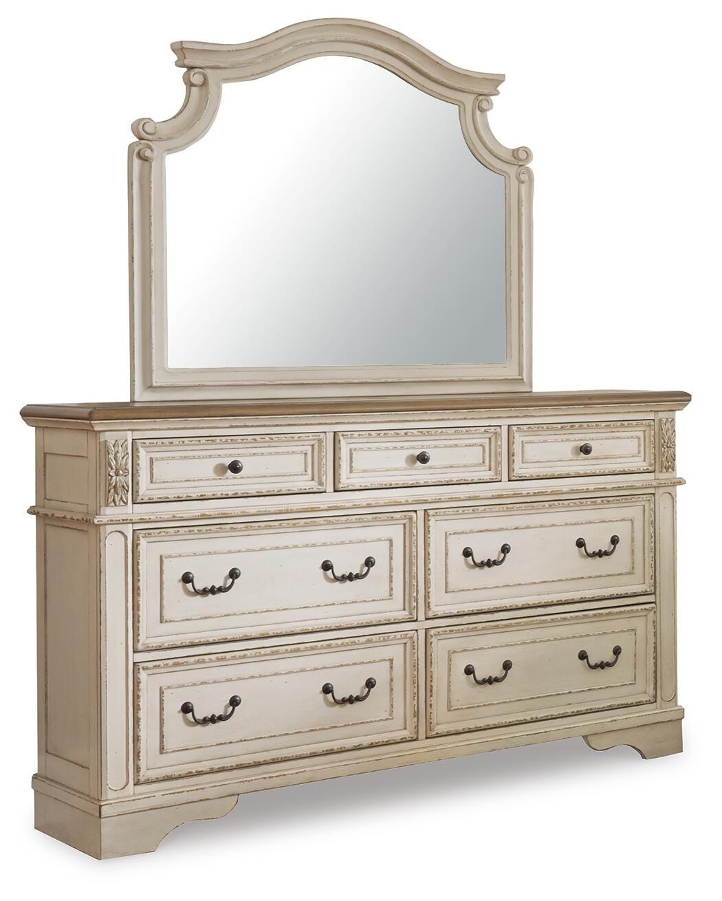 Realyn King Upholstered Panel Bed with Mirrored Dresser