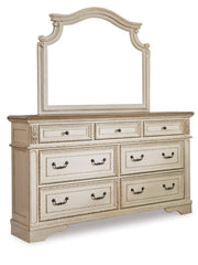 Realyn California King Upholstered Panel Bed with Mirrored Dresser, Chest and Nightstand
