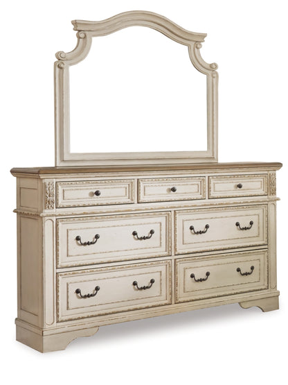Realyn King Upholstered Panel Bed with Mirrored Dresser and Chest