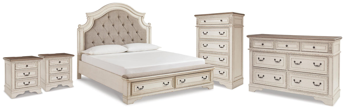 Realyn King Storage Bed, Dresser, Chest and 2 Nightstands