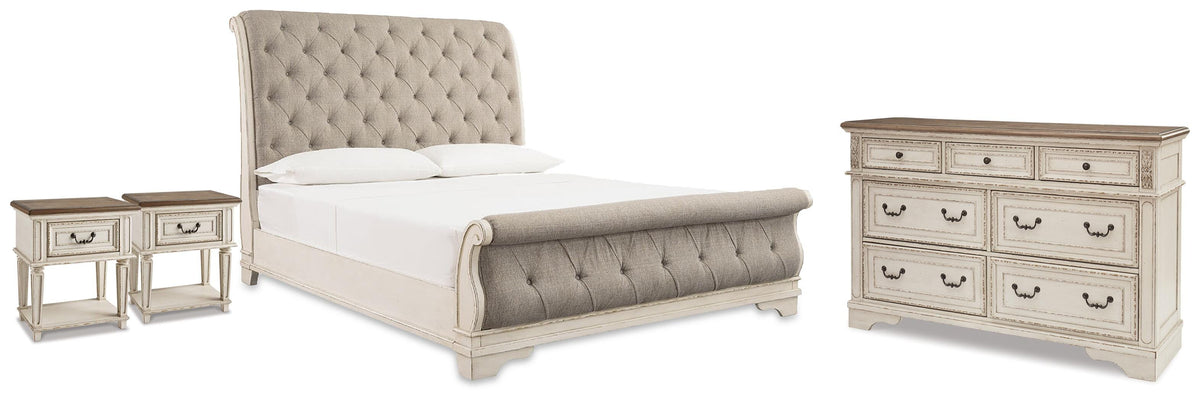 Realyn Queen Upholstered Sleigh Bed, Dresser and 2 Nightstands