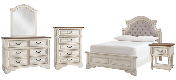 Realyn Full Panel Bed with Mirrored Dresser, Chest and Nightstand