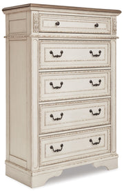 Realyn Queen Upholstered Panel Bed with Mirrored Dresser, Chest and Nightstand