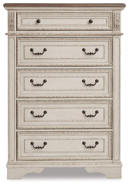 Realyn King Upholstered Panel Bed with Mirrored Dresser and Chest