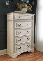 Realyn Queen Upholstered Panel Bed with Mirrored Dresser and Chest