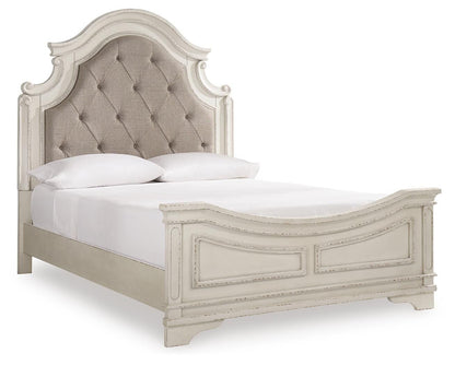 Realyn Queen Upholstered Panel Bed with Mirrored Dresser