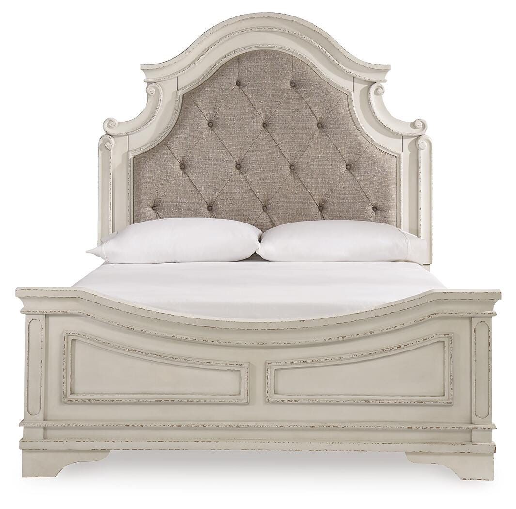 Realyn Queen Upholstered Panel Bed with Mirrored Dresser