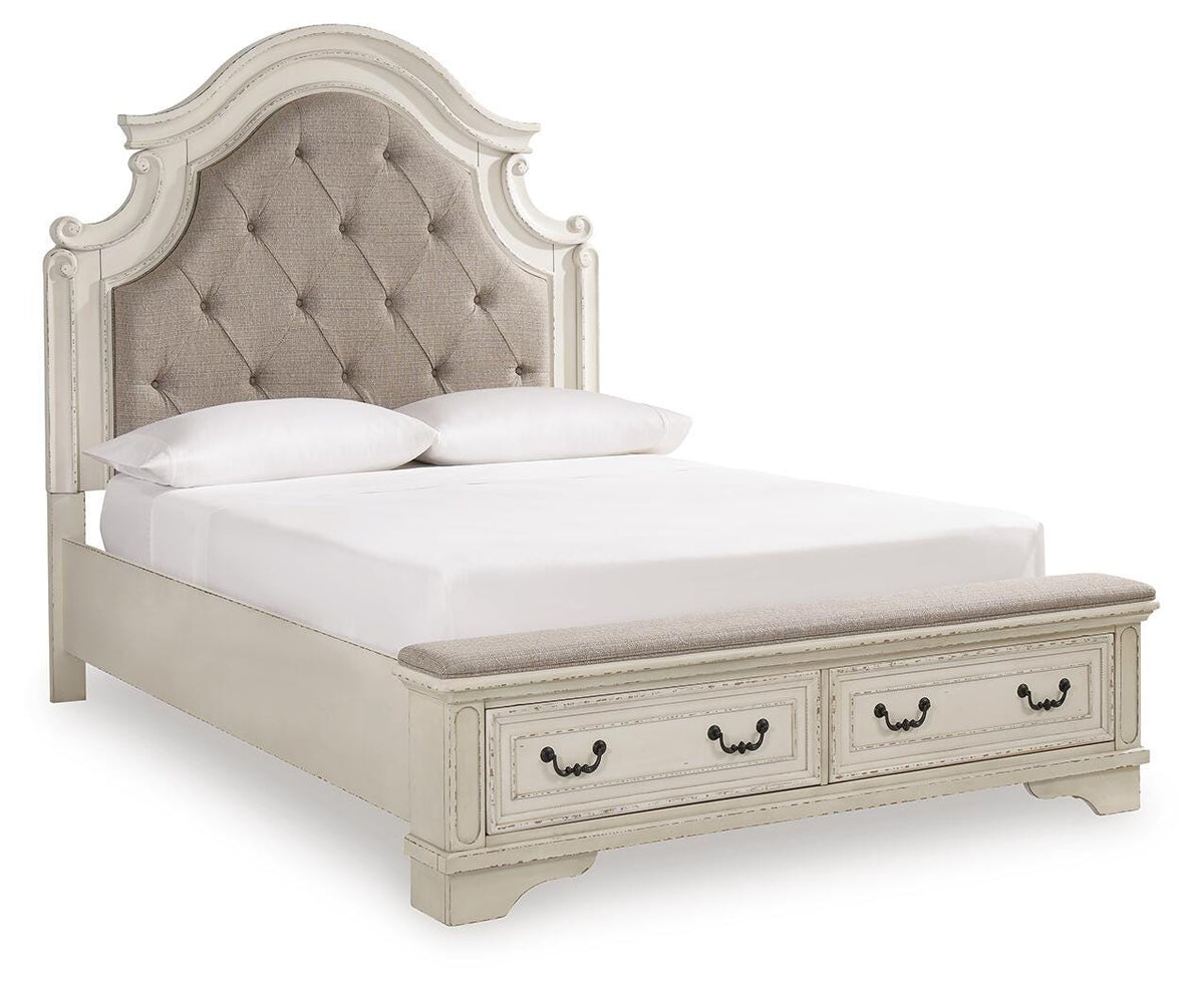 Realyn Queen Upholstered Storage Bed, Dresser, Mirror, Chest and Nightstand