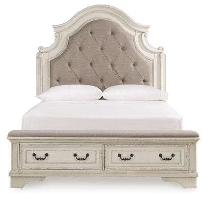 Realyn Queen Upholstery Panel Bed, Dresser, Chest, Nightstand, and Vanity Set
