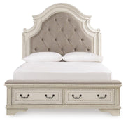 Realyn Queen Upholstered Storage Bed, Dresser, Mirror, Chest and Nightstand