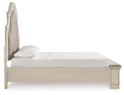 Realyn Queen Upholstered Storage Bed, Dresser, Mirror, Chest and Nightstand
