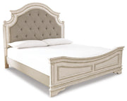 Realyn King Upholstered Panel Bed with Mirrored Dresser