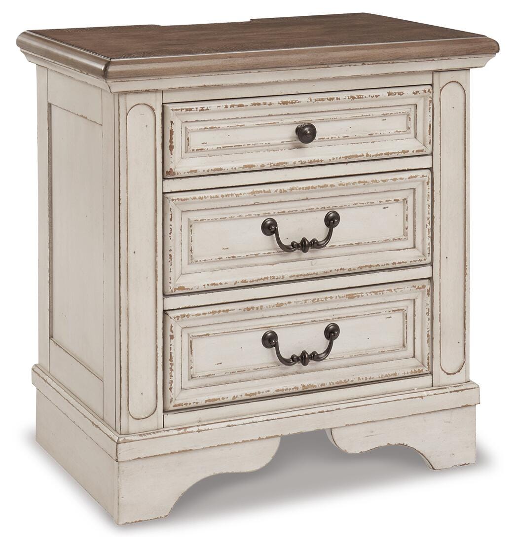 Realyn King Upholstered Panel Bed, Dresser and Nightstand
