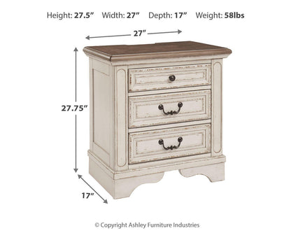 Realyn Queen Upholstered Storage Bed, Dresser, Mirror, Chest and Nightstand
