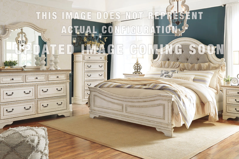 Realyn Queen Upholstered Panel Bed, Dresser, Mirror and Nightstand