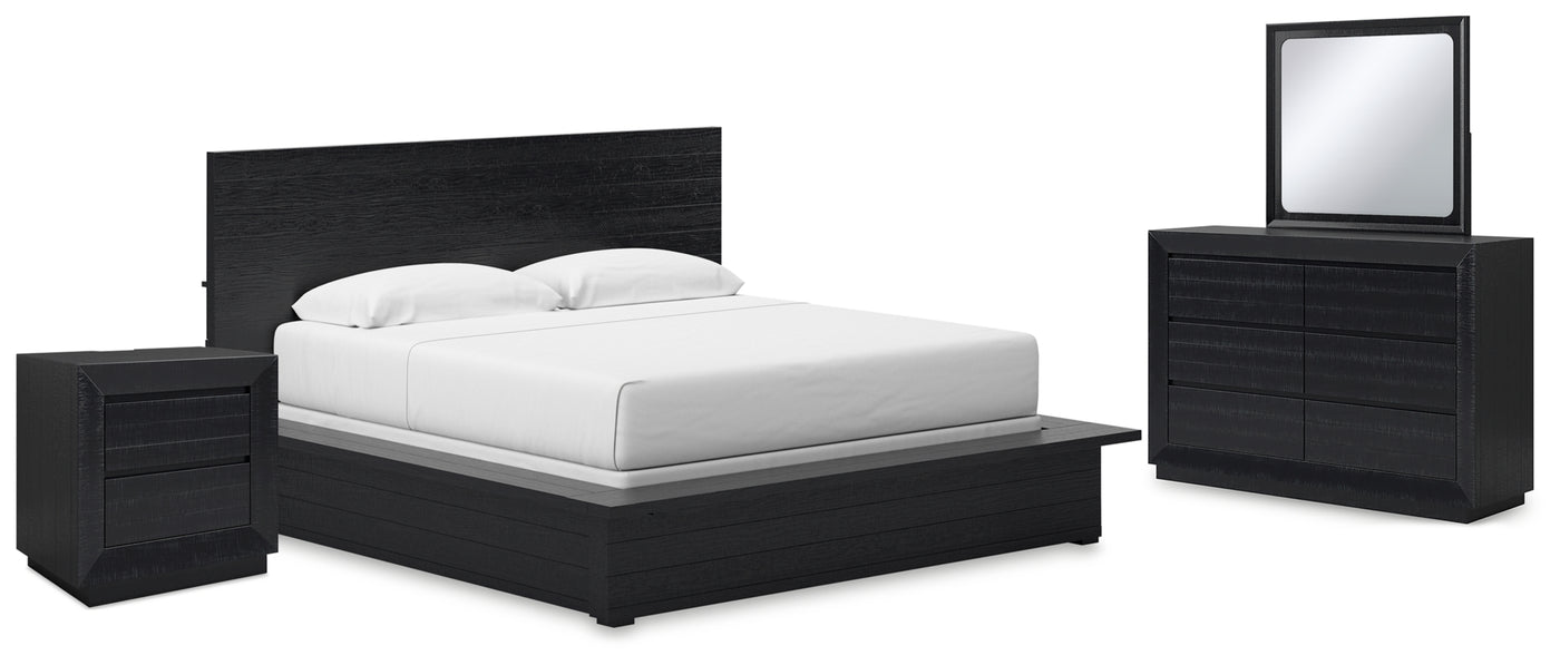 Londer King Panel Bed with Mirrored Dresser and Nightstand