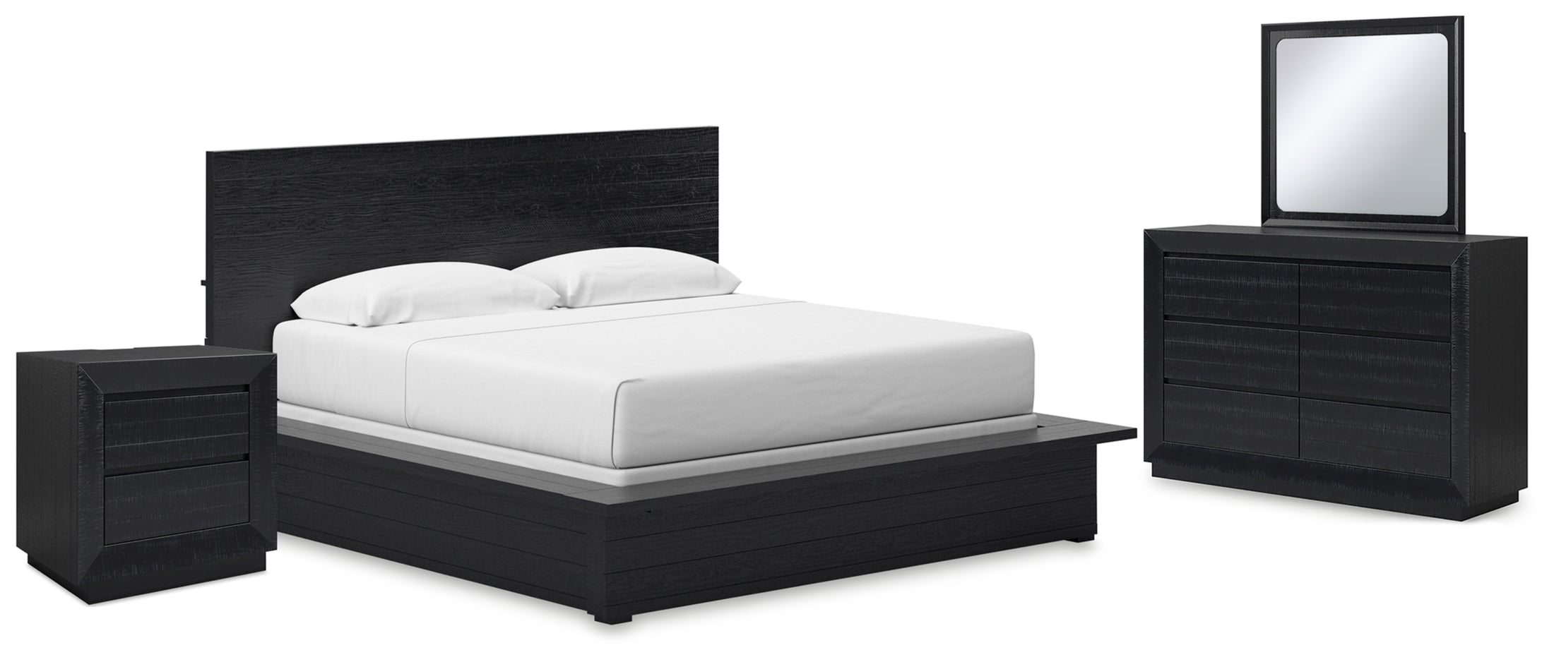 Londer King Panel Bed with Mirrored Dresser and Nightstand