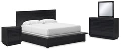 Londer King Panel Bed with Mirrored Dresser and Nightstand