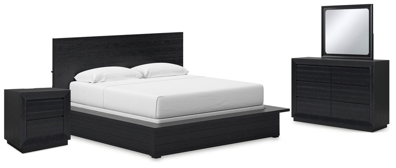 Londer King Panel Bed with Mirrored Dresser and Nightstand