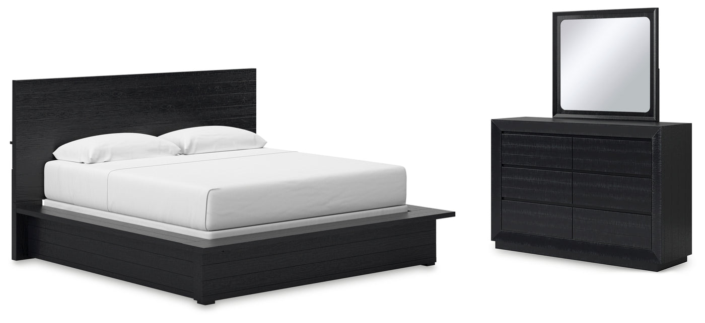 Londer King Panel Bed with Mirrored Dresser