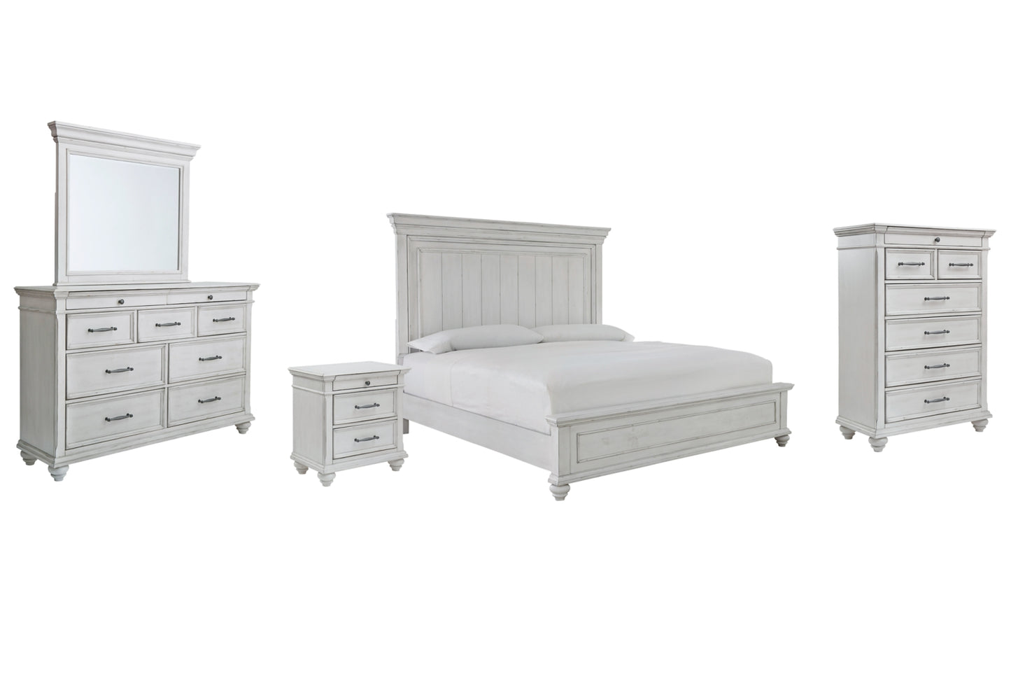 Kanwyn King Panel Bed with Mirrored Dresser, Chest and Nightstand