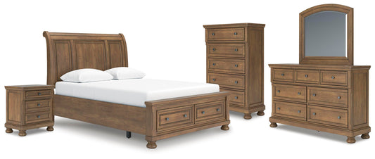 Feddinger Queen Storage Sleigh Bed with Mirrored Dresser, Chest and Nightstand