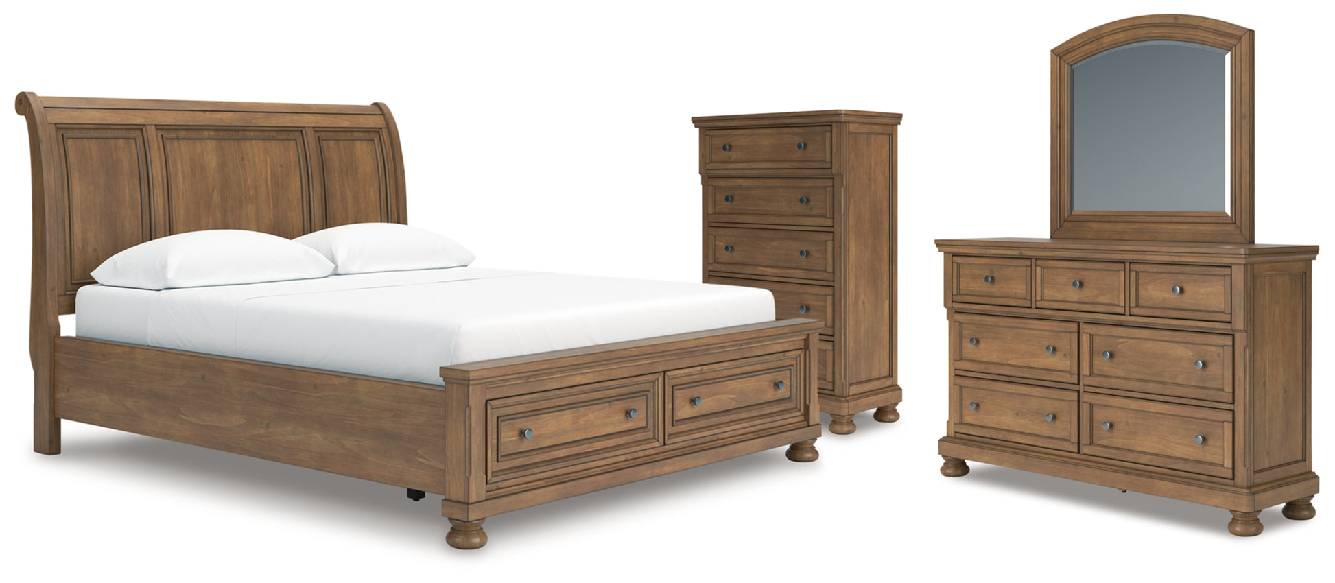 Feddinger California King Storage Sleigh Bed with Mirrored Dresser and Chest