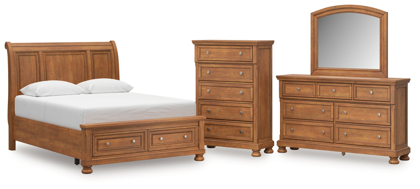 Feddinger Queen Storage Sleigh Bed with Mirrored Dresser and Chest
