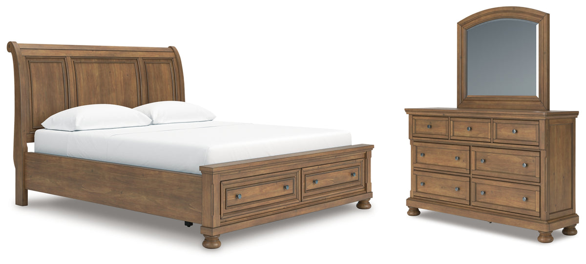 Feddinger California King Storage Sleigh Bed with Mirrored Dresser