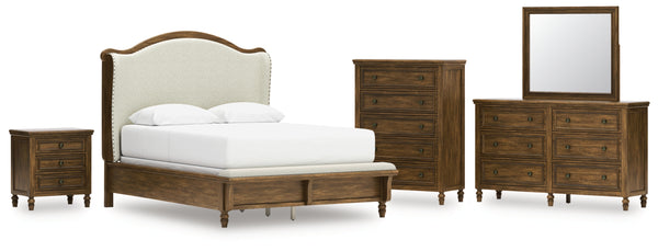 Sturlayne Queen Upholstered Panel Bed, Dresser, Mirror, Chest and Nightstand