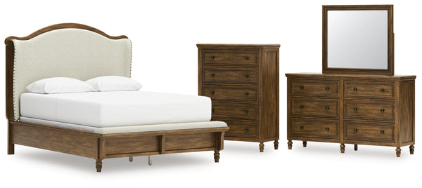 Sturlayne Queen Upholstered Panel Bed, Dresser, Mirror and Chest