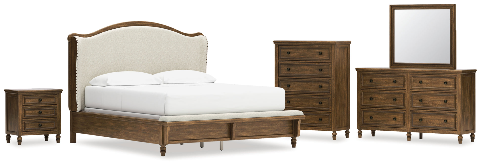 Sturlayne California King Upholstered Panel Bed, Dresser, Mirror, Chest and Nightstand