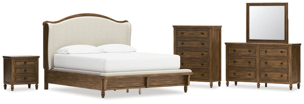 Sturlayne California King Upholstered Panel Bed, Dresser, Mirror, Chest and Nightstand