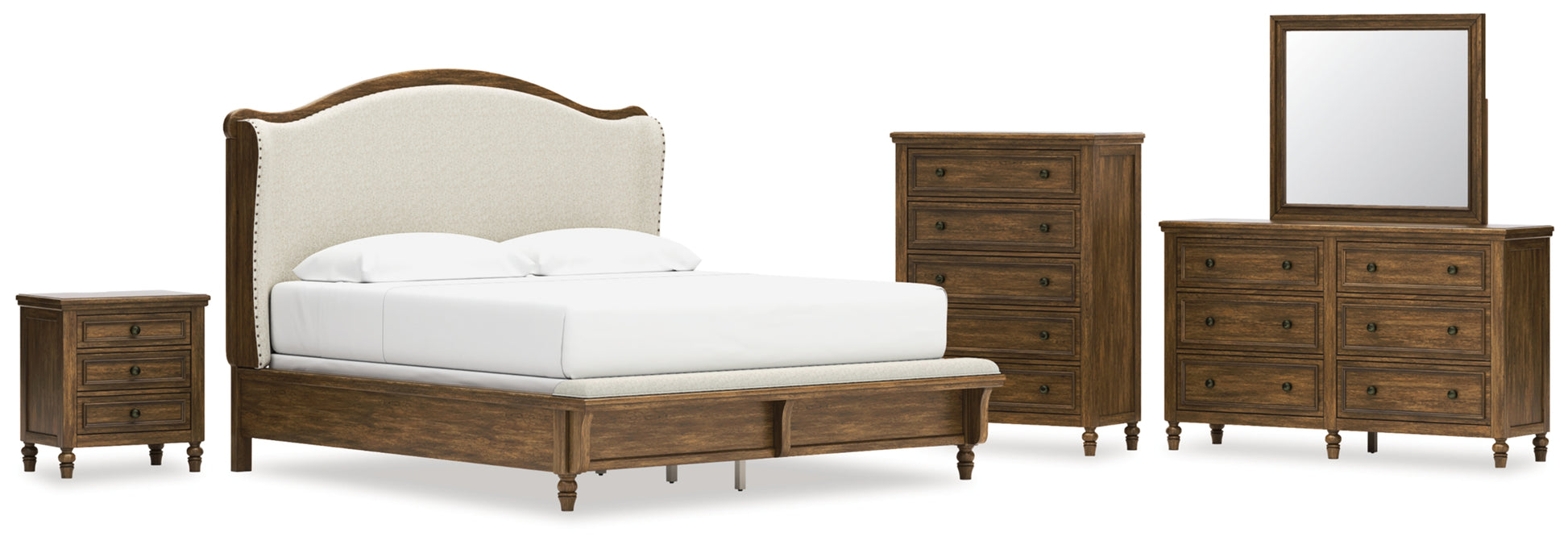 Sturlayne King Upholstered Panel Bed, Dresser, Mirror, Chest and Nightstand