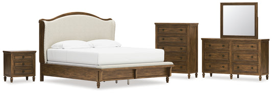 Sturlayne King Upholstered Panel Bed, Dresser, Mirror, Chest and Nightstand