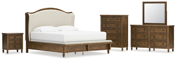 Sturlayne King Upholstered Panel Bed, Dresser, Mirror, Chest and Nightstand