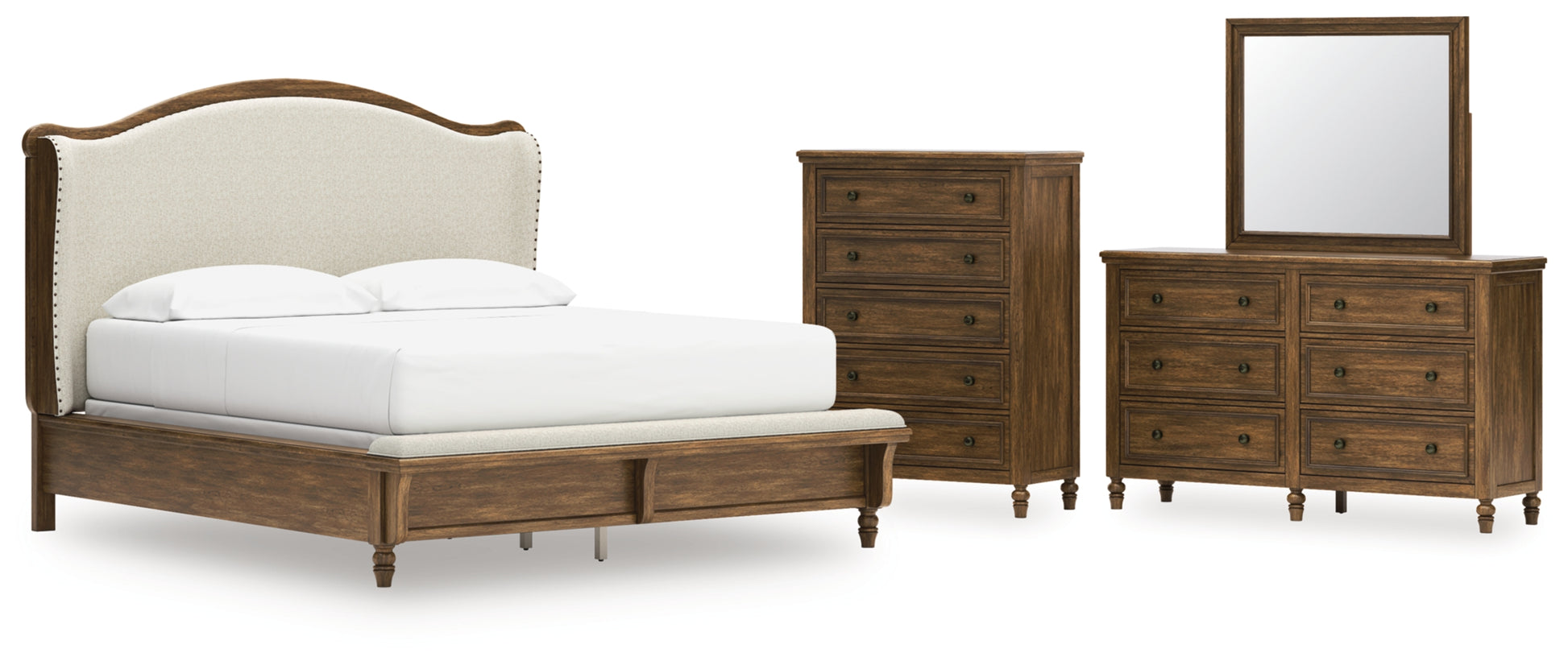 Sturlayne California King Upholstered Panel Bed, Dresser, Mirror and Chest