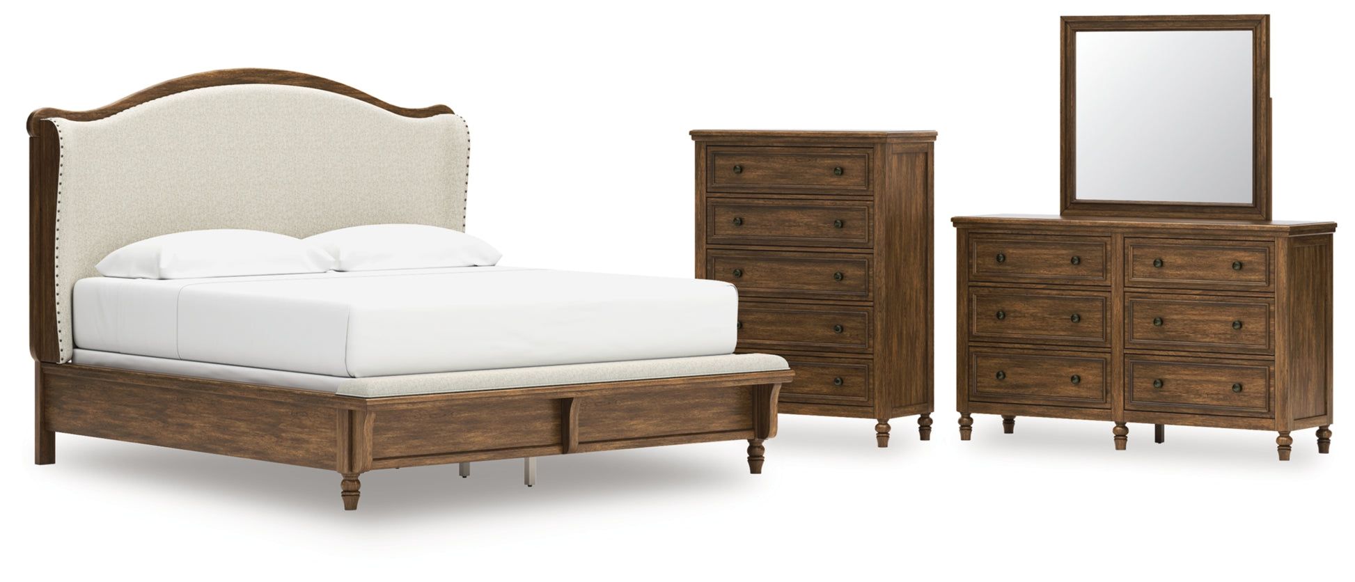 Sturlayne King Upholstered Panel Bed, Dresser, Mirror and Chest