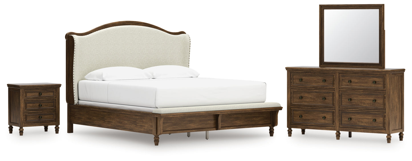 Sturlayne King Upholstered Panel Bed, Dresser, Mirror and Nightstand